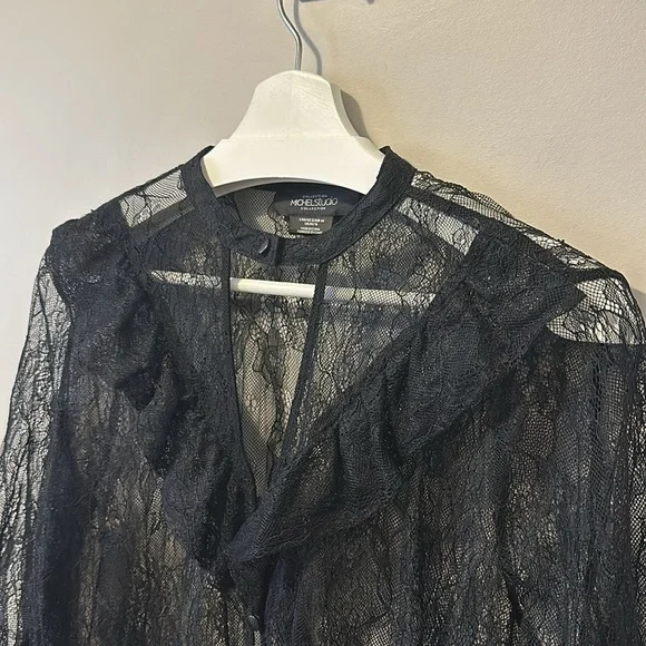 Michel Studio Black Lace Blouse with Ruffle and Choker Neck - Picture 2 of 10